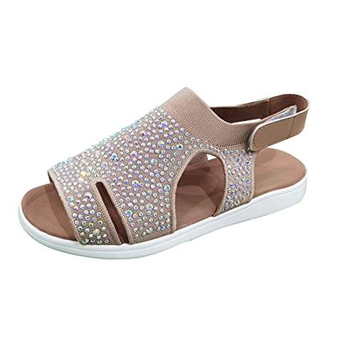 Rouingdd Sommerschuhe Damen Strandschuhe Elegante Slide Sandal Leicht Open Toe Glitzer Hausschuhe Böhmische Elastische Freizeitschuhe Bequem Flache Riemchensandalen Rutschfest Boho Strass Sandaletten von Rouingdd