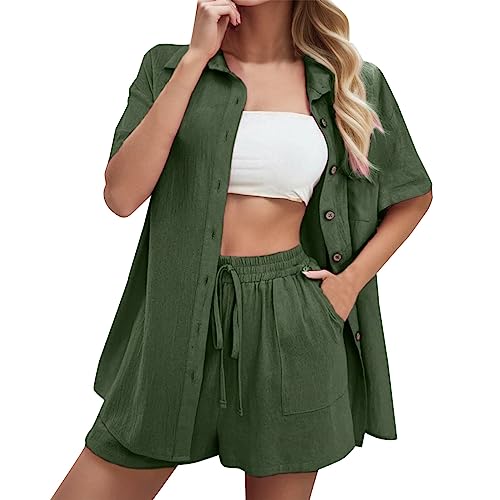 Rouingdd Zweiteiler Damen Sommer Musselin Bluse Hemd und Shorts Clothes Aesthetic Freizeitanzug Lounge Set Strand Outfit Set Sommer Outfits Kleidung 2 Teiler Set Kurzarm Bluse Top + Shorts Y2k Anzug von Rouingdd