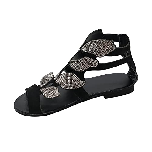 Sandalen Damen Sommer Riemchensandalen Bequem Slide Sandal Elegante Elastische Glitzer Strass Sandaletten Flache Böhmische Hausschuhe Boho Rutschfest Freizeitschuhe Open Toe Leicht Strandschuhe von Rouingdd