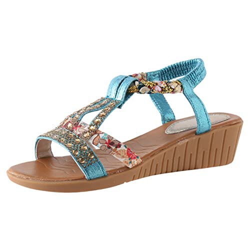 Sandalen Für Mädchen Strass Sandaletten Bequem Slide Sandal Leicht Flache Glitzer Hausschuhe Elegante Elastische Strandschuhe Open Toe Rutschfest Freizeitschuhe Böhmische Boho Riemchensandalen von Rouingdd