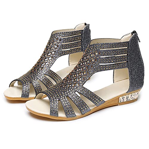 Sandalen Für Mädchen Strass Sandaletten Boho Hausschuhe Bequem Elastische Böhmische Strandschuhe Glitzer Open Toe Riemchensandalen Flache Elegante Slide Sandal Leicht Rutschfest Freizeitschuhe von Rouingdd