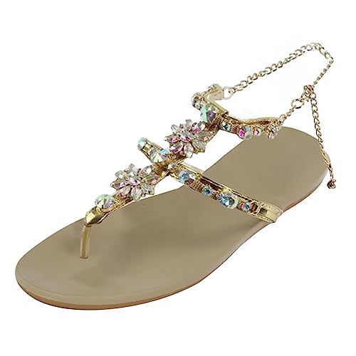 Sommerschuhe Damen Sandalen Slide Sandal Flache Riemchensandalen Bequem Boho Elegante Strass Sandaletten Elastische Leicht Hausschuhe Rutschfest Open Toe Freizeitschuhe Böhmische Glitzer Strandschuhe von Rouingdd