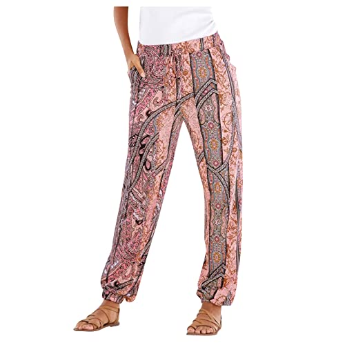 Stoffhose Damen Sommer Boho Strandhose Haremshose Damen Lange Pumphose Schlupfhose mit Taschen Blumen Straight Bein Hose Hippie Hose 7/8 Hosen Relaxhose Freizeithose Damen Leicht Yogahose Jogginghose von Rouingdd