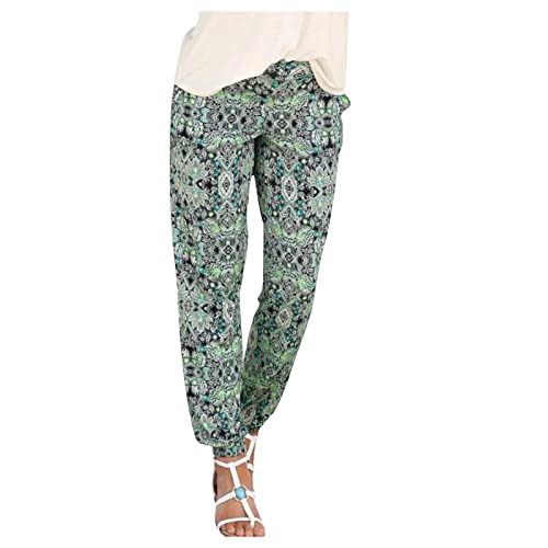 Stoffhose Damen Sommer Boho Strandhose Haremshose Damen Lange Pumphose Schlupfhose mit Taschen Blumen Straight Bein Hose Hippie Hose 7/8 Hosen Relaxhose Freizeithose Damen Leicht Yogahose Jogginghose von Rouingdd