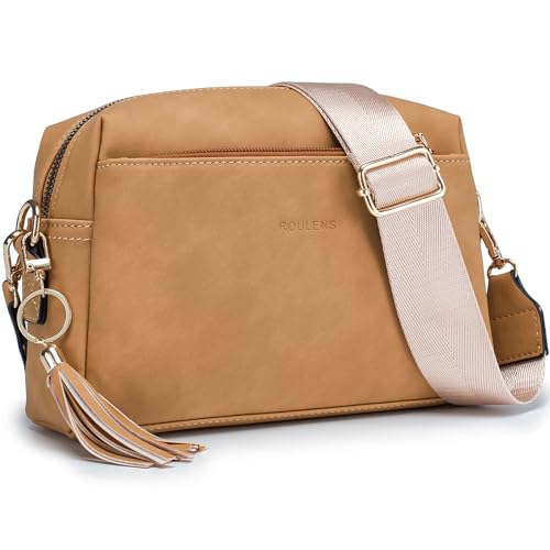 Roulens Damen Handy Umhängetasche,Veganem Leder Crossbody Schultertasche,Breiter Riemen Abendtasche mit drei Reißverschlussfächern Handtaschemit mit Kartenschlitz Verstellbar Abnehmbar Schultergurt von Roulens