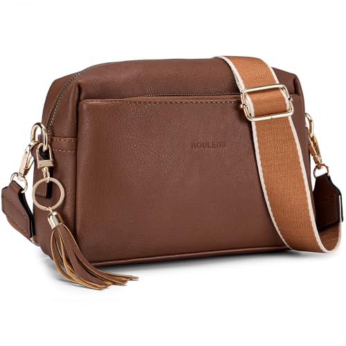 Roulens Damen Handy Umhängetasche,Veganem Leder Crossbody Schultertasche,Breiter Riemen Abendtasche mit drei Reißverschlussfächern Handtaschemit mit Kartenschlitz Verstellbar Abnehmbar Schultergurt von Roulens