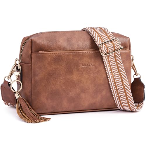 Roulens Damen Handy Umhängetasche,Veganem Leder Crossbody Schultertasche,Breiter Riemen Abendtasche mit drei Reißverschlussfächern Handtaschemit mit Kartenschlitz Verstellbar Abnehmbar Schultergurt von Roulens