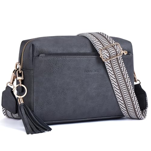 Roulens Damen Handy Umhängetasche,Veganem Leder Crossbody Schultertasche,Breiter Riemen Abendtasche mit drei Reißverschlussfächern Handtaschemit mit Kartenschlitz Verstellbar Abnehmbar Schultergurt von Roulens