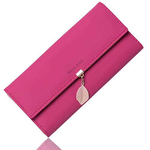 Roulens Geldbörse für Damen, Geldbörse aus Kunstleder mit RFID-Blockierung, Geldbörse mit Druckknöpfen in Blattform, A/Rosa/Rot-L, Lang, Exquisit von Roulens