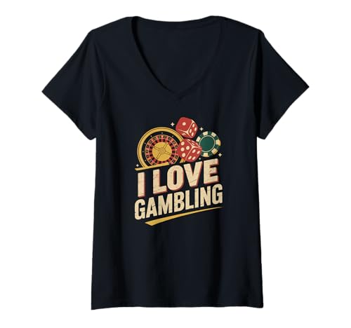 Damen I Love Gambling Roulette Würfel Chips Fun T-Shirt mit V-Ausschnitt von Roulette Dice Chips Casino Poker Luck