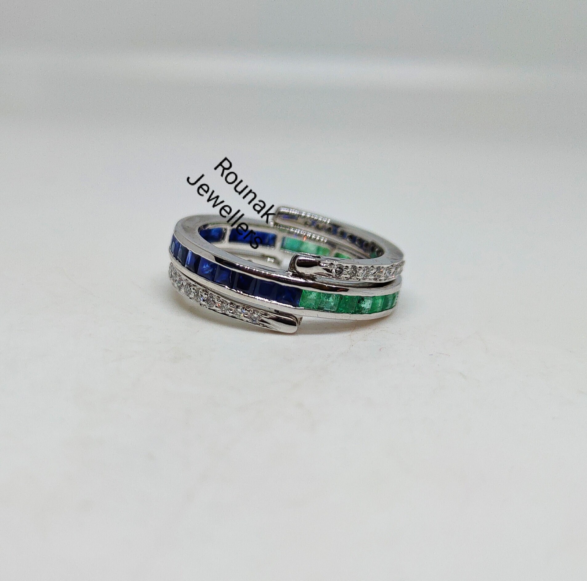 Natürlicher Smaragd & Blauer Saphir Ring, 3, 2 Mm Ehering, Cz 925 Sterling Silber, Full Eternity Bandring, Stapelbares Band, Geschenkring von RounakJewellers