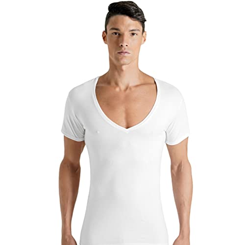 Rounderbum | Herren Unterwäsche Gepolstertes Muskel-T-Shirt für Männer | Shapewear Unterwäsche - Unter Kleidung Muskelshirts für Männer, Weißes tiefem V-Ausschnitt T-Shirt, XL von Rounderbum