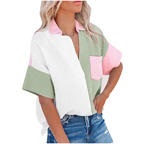 Damen Baumwolle Leinen Button Down Bluse LäSsig V-Ausschnitt Kurze ÄRmel Hemden Color Block ÜBerdimensionale Blusen Tops Mit Tasche Mode Sommer Bedeckung Shirts Grundlegend BüRo Tuniken Tops von routinfly