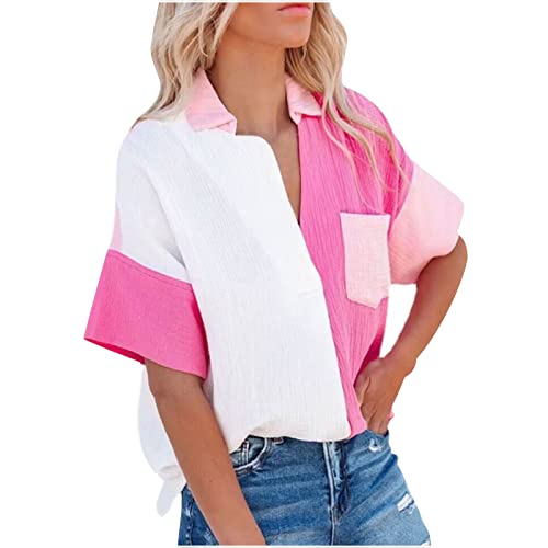 Damen Baumwolle Leinen Button Down Bluse LäSsig V-Ausschnitt Kurze ÄRmel Hemden Color Block ÜBerdimensionale Blusen Tops Mit Tasche Mode Sommer Bedeckung Shirts Grundlegend BüRo Tuniken Tops von routinfly