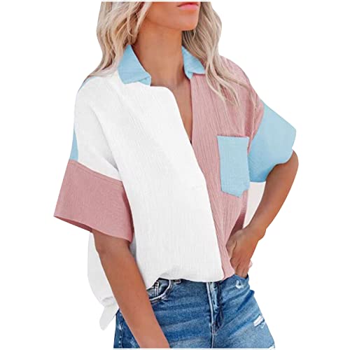 Damen Baumwolle Leinen Button Down Bluse LäSsig V-Ausschnitt Kurze ÄRmel Hemden Color Block ÜBerdimensionale Blusen Tops Mit Tasche Mode Sommer Bedeckung Shirts Grundlegend BüRo Tuniken Tops von routinfly