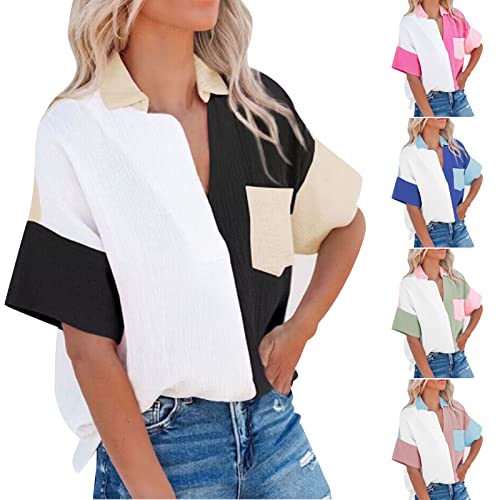 Damen Baumwolle Leinen Button Down Bluse LäSsig V-Ausschnitt Kurze ÄRmel Hemden Color Block ÜBerdimensionale Blusen Tops Mit Tasche Mode Sommer Bedeckung Shirts Grundlegend BüRo Tuniken Tops von routinfly