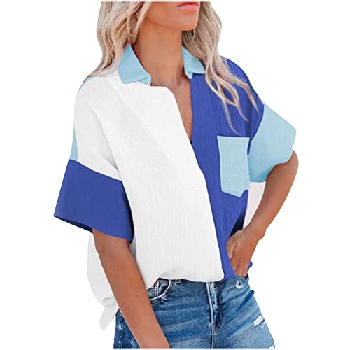 Damen Baumwolle Leinen Button Down Bluse LäSsig V-Ausschnitt Kurze ÄRmel Hemden Color Block ÜBerdimensionale Blusen Tops Mit Tasche Mode Sommer Bedeckung Shirts Grundlegend BüRo Tuniken Tops von routinfly