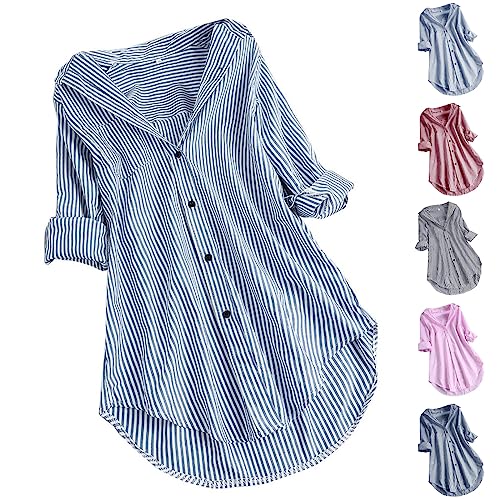 Damen Blusen ÜBergrößE Mit Knopfleiste Gestreifte Hemden Mode Button Down Kragen Shirt V-Ausschnitt Casual Tunika Bluse Tops Klassisch Stilvoll LangäRmelig BüRo Arbeit Hemd Lockere Passform S-5XL von routinfly