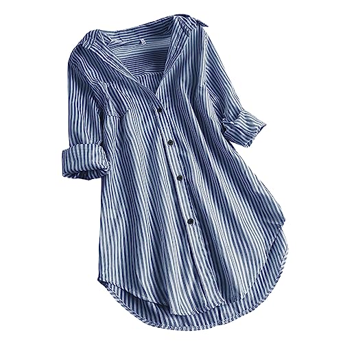 Damen Blusen ÜBergrößE Mit Knopfleiste Gestreifte Hemden Mode Button Down Kragen Shirt V-Ausschnitt Casual Tunika Bluse Tops Klassisch Stilvoll LangäRmelig BüRo Arbeit Hemd Lockere Passform S-5XL von routinfly