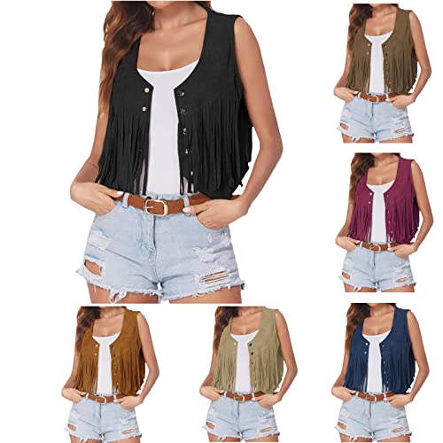 Damen Fransen Jacke ÄRmellose Strickjacke Mit Quasten Mantel Modischer Rundhalsausschnitt Lightweight LäSsige Sommer-Crop-Weste Open Front Einfarbige Bluse Tops 70Er Jahre Outfits Hippie Kleidung von routinfly