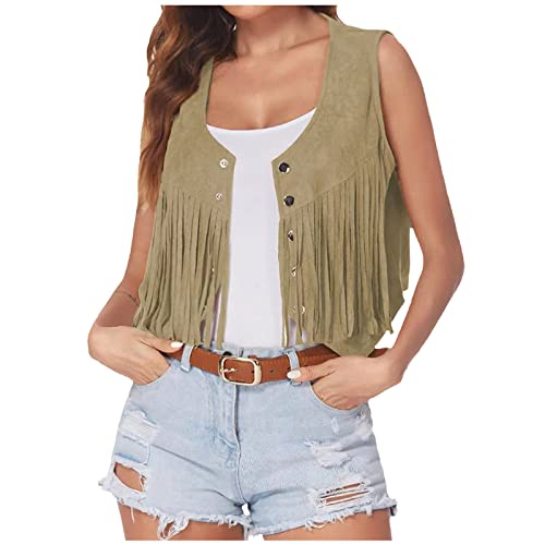 Damen Fransen Jacke ÄRmellose Strickjacke Mit Quasten Mantel Modischer Rundhalsausschnitt Lightweight LäSsige Sommer-Crop-Weste Open Front Einfarbige Bluse Tops 70Er Jahre Outfits Hippie Kleidung von routinfly