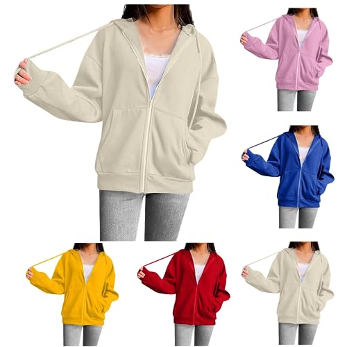 Damen Kapuzenpullover Durchgehendem ReißVerschluss Kapuzenjacke Locker Passform Kapuzenpullover Sweatshirts LäSsige Langarm-Pullover-Oberteile Einfarbige Sweatjacke Zipper Kapuzenpulli Mit Kordelzug von routinfly