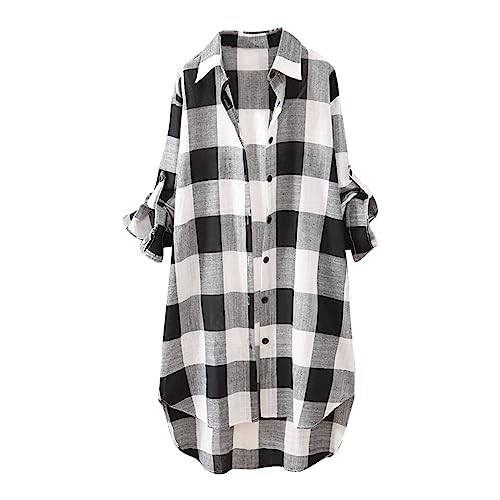 Damen Leinen Bluse Button-Down Langarm Bluse Hemd V-Ausschnitt Leichtes Karohemd Tunika Tops Klassischer Schnitt Karohemd Blusen Karomuster Überhemd Einfarbig Kariertes Freundschaftsstil Hemden von routinfly