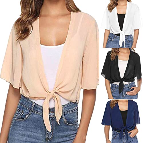 Damen Sommer Bluse Elegant Tops PuffäRmel Offene Vorderseite Sommer GeküRzt Jacken Klassisch 3/4 ÄRmel Loose Fit Strickjacke Leichte Comfy Einfarbig Shrugs FüR Frauen Pullover Jacken S-XXL von routinfly