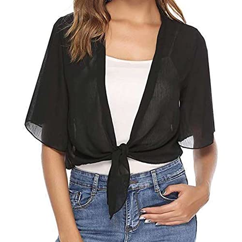 Damen Sommer Bluse Elegant Tops PuffäRmel Offene Vorderseite Sommer GeküRzt Jacken Klassisch 3/4 ÄRmel Loose Fit Strickjacke Leichte Comfy Einfarbig Shrugs FüR Frauen Pullover Jacken S-XXL von routinfly