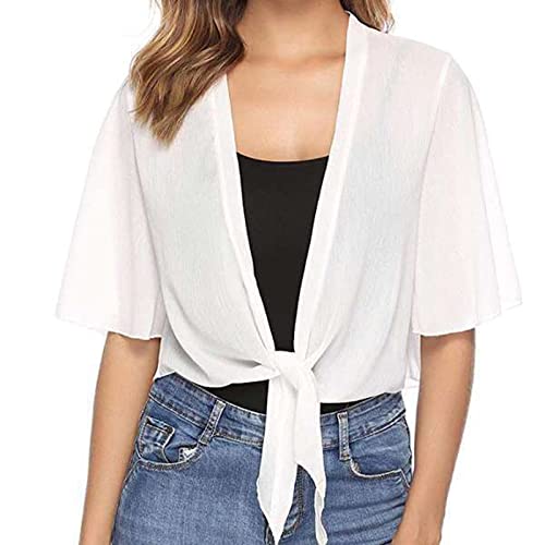 Damen Sommer Bluse Elegant Tops PuffäRmel Offene Vorderseite Sommer GeküRzt Jacken Klassisch 3/4 ÄRmel Loose Fit Strickjacke Leichte Comfy Einfarbig Shrugs FüR Frauen Pullover Jacken S-XXL von routinfly