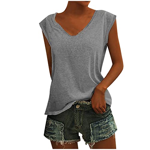 Damen Sommer V-Ausschnitt Basic Top Locker Weiches Tank Top Cap Sleeve Vest Top Stilvolle Streetwear Solide Farbe Baggy Elegante T-Shirt Bluse Tops Bequem LäSsiges Westen Clubwear Outfit von Routinfly