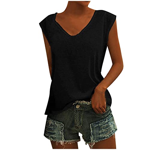 Damen Sommer V-Ausschnitt Basic Top Locker Weiches Tank Top Cap Sleeve Vest Top Stilvolle Streetwear Solide Farbe Baggy Elegante T-Shirt Bluse Tops Bequem LäSsiges Westen Clubwear Outfit von Routinfly