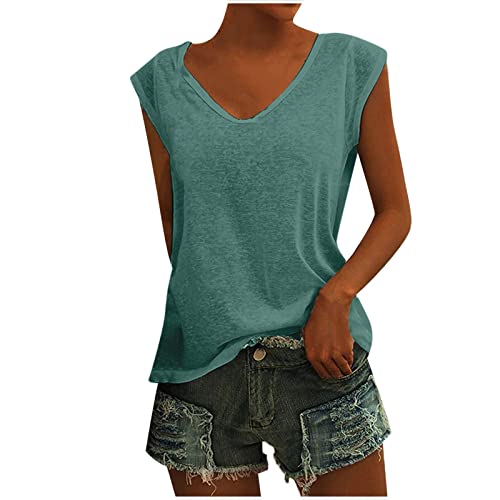 Damen Sommer V-Ausschnitt Basic Top Locker Weiches Tank Top Cap Sleeve Vest Top Stilvolle Streetwear Solide Farbe Baggy Elegante T-Shirt Bluse Tops Bequem LäSsiges Westen Clubwear Outfit von Routinfly