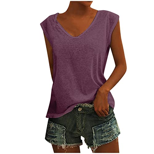 Damen Sommer V-Ausschnitt Basic Top Locker Weiches Tank Top Cap Sleeve Vest Top Stilvolle Streetwear Solide Farbe Baggy Elegante T-Shirt Bluse Tops Bequem LäSsiges Westen Clubwear Outfit von Routinfly