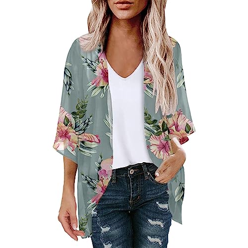 Damen Strickjacke Sommer Chiffon Bluse Vorne Offen 3/4 ÄRmel Leichtes Tops Strand Hemd Blumenmuster Resort Kleidung Badeanzug Cover Ups Tops Floral Kimono Cover Ups Kurzarm Kimono Comfy Cardigans von routinfly