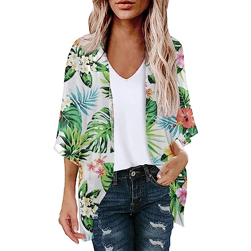 Damen Strickjacke Sommer Chiffon Bluse Vorne Offen 3/4 ÄRmel Leichtes Tops Strand Hemd Blumenmuster Resort Kleidung Badeanzug Cover Ups Tops Floral Kimono Cover Ups Kurzarm Kimono Comfy Cardigans von routinfly