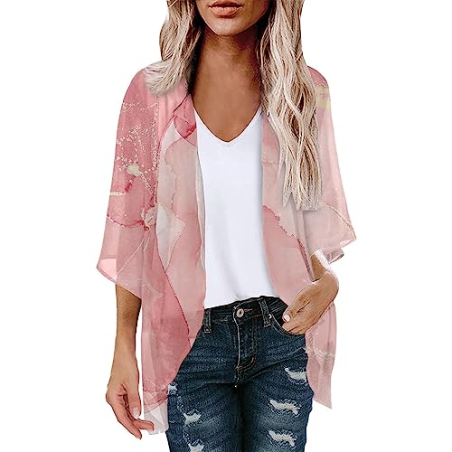 Damen Strickjacke Sommer Chiffon Bluse Vorne Offen 3/4 ÄRmel Leichtes Tops Strand Hemd Blumenmuster Resort Kleidung Badeanzug Cover Ups Tops Floral Kimono Cover Ups Kurzarm Kimono Comfy Cardigans von routinfly