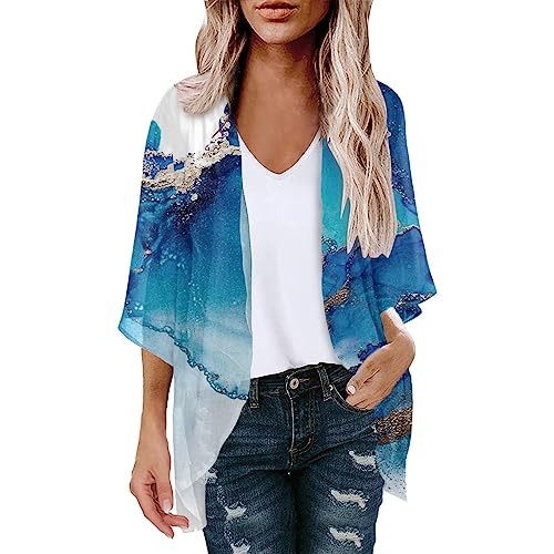 Damen Strickjacke Sommer Chiffon Bluse Vorne Offen 3/4 ÄRmel Leichtes Tops Strand Hemd Blumenmuster Resort Kleidung Badeanzug Cover Ups Tops Floral Kimono Cover Ups Kurzarm Kimono Comfy Cardigans von routinfly