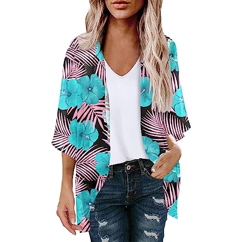 Damen Strickjacke Sommer Chiffon Bluse Vorne Offen 3/4 ÄRmel Leichtes Tops Strand Hemd Blumenmuster Resort Kleidung Badeanzug Cover Ups Tops Floral Kimono Cover Ups Kurzarm Kimono Comfy Cardigans von routinfly