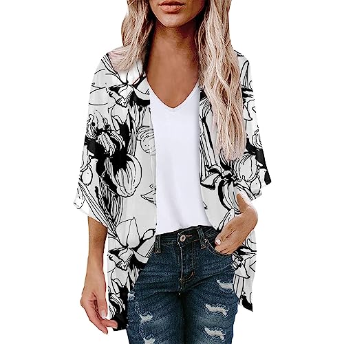 Damen Strickjacke Sommer Chiffon Bluse Vorne Offen 3/4 ÄRmel Leichtes Tops Strand Hemd Blumenmuster Resort Kleidung Badeanzug Cover Ups Tops Floral Kimono Cover Ups Kurzarm Kimono Comfy Cardigans von routinfly