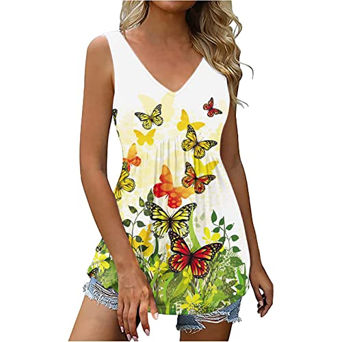 Damen Tank Top Tshirt Damen Sommer Elegant ÄRmelloses Tunika Top V Ausschnitt Sexy Mode Blusentop Weste Loose LäSsiges Vintage Gedruckt Oberteile Plissiert Strand Longshirt Cami Tank Bluse von routinfly