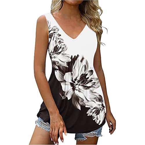 Damen Tank Top Tshirt Damen Sommer Elegant ÄRmelloses Tunika Top V Ausschnitt Sexy Mode Blusentop Weste Loose LäSsiges Vintage Gedruckt Oberteile Plissiert Strand Longshirt Cami Tank Bluse von routinfly