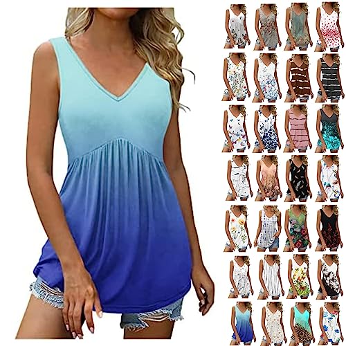 Damen Tank Top Tshirt Damen Sommer Elegant ÄRmelloses Tunika Top V Ausschnitt Sexy Mode Blusentop Weste Loose LäSsiges Vintage Gedruckt Oberteile Plissiert Strand Longshirt Cami Tank Bluse von routinfly