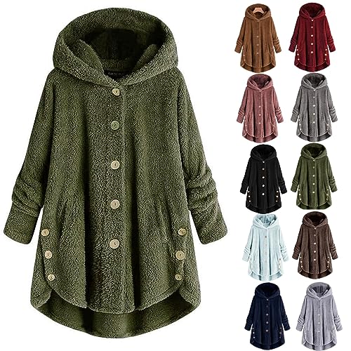 Damen Warme Winterjacken Sweatshirts Knopf Kapuzenjacke Fuzzy Fleece Pullover MäNtel Mit Kapuze Lose Oberbekleidung Trendy Teddy PlüSchjacke Mode Kapuzenknopf PlüSchkapuzenpullover Mit Tasche von routinfly