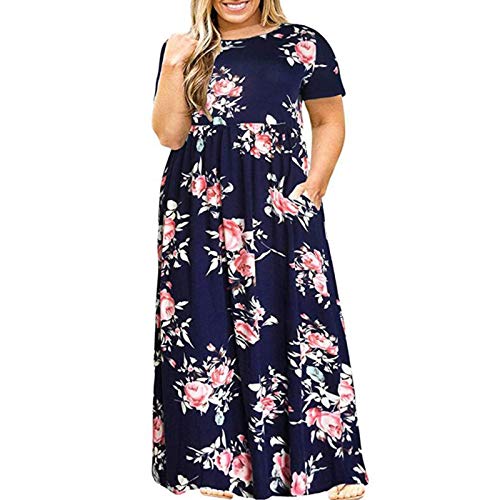 Damen lässig Kleid,Damen Boho Maxi Kleid,Böhmen Kleider Frauen Cocktailabend Partei Kleid Plissee Skater Minikleid,Plus Size Frauen Casual O-Neck Sommer Kurzarm Print Loose Pocket Long Dress von Routinfly