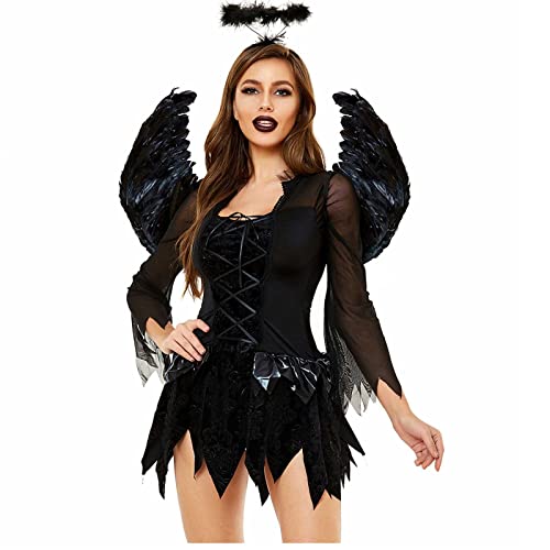 Halloween-Kleider für Frauen, Gothic-Engelskostüm, Cosplay – Damen, schwarzes Engelskleid mit kurzen Ärmeln, eckigem Ausschnitt und Stirnband, geflügelte Schnürung, Neuheitskleid, Mittelalter von Routinfly