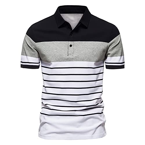 Herren T-Shirts Kurzarm Casual Gestreifte Hemden Stehkragen Hemden LäSsig Slim Fit Basic Kontrast Farbe NäHte Streifen T-Shirts Mode Sommer T-Shirts FüR MäNner Golf Shirt Button Down V-Ausschnitt von routinfly