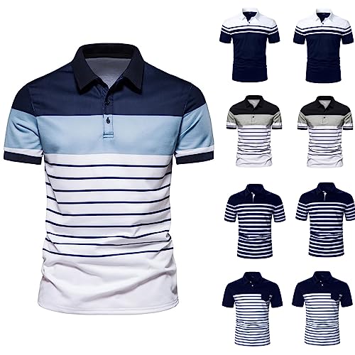 Herren T-Shirts Kurzarm Casual Gestreifte Hemden Stehkragen Hemden LäSsig Slim Fit Basic Kontrast Farbe NäHte Streifen T-Shirts Mode Sommer T-Shirts FüR MäNner Golf Shirt Button Down V-Ausschnitt von routinfly