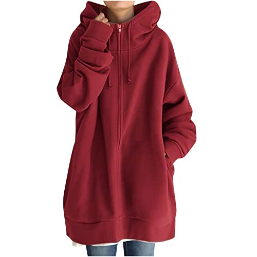 Kapuzenjacke Damen Einfacher Langer Sweatjacke Mit Kapuze Mit ReißVerschluss Casual Full Zip Up Hoodie Mantel Mit Kordelzug Mode Sweatshirt Langarm Kapuzenpullover Mit Taschen LäSsige Kapuzenjacke von routinfly