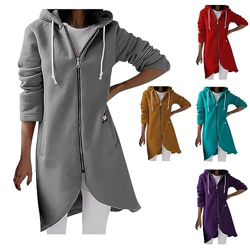 Kapuzenjacke FüR Damen LäSsiges Mode ReißVerschluss Kapuzenpullover Tunika UnregelmäßIger Saum Langer Hoodie Jacke Mantel Bequem Einfarbig Locker Kapuzen Mantel Kordelzug Sweatshirt Mit Taschen von routinfly